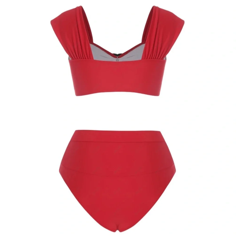 Rhinestone Heart ✦ Red Silver Bikini Set ✦ Sweetheart Neck Belted High-Cut L NWT